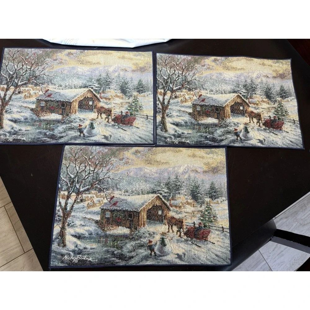Lot of 3 Vintage Traditional Tapestries table setup Village covered bridge USA